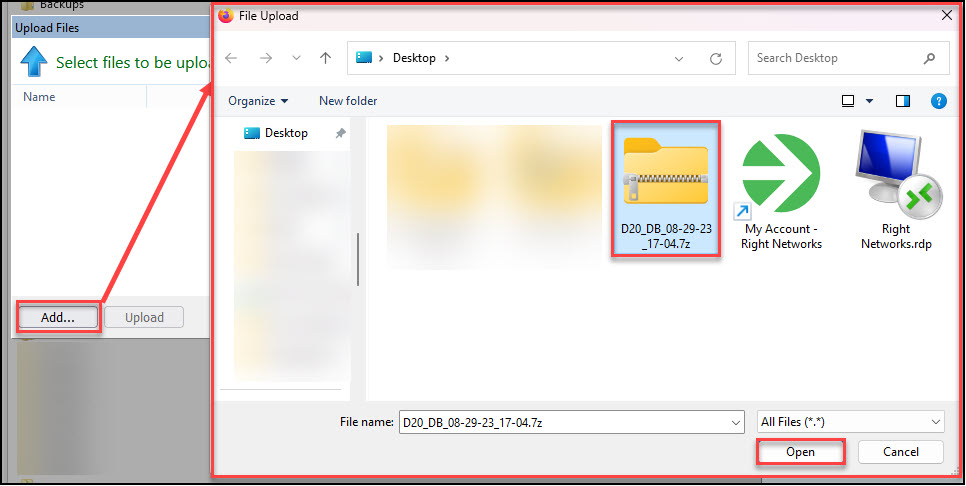 Image showing how to add and upload the backup file.